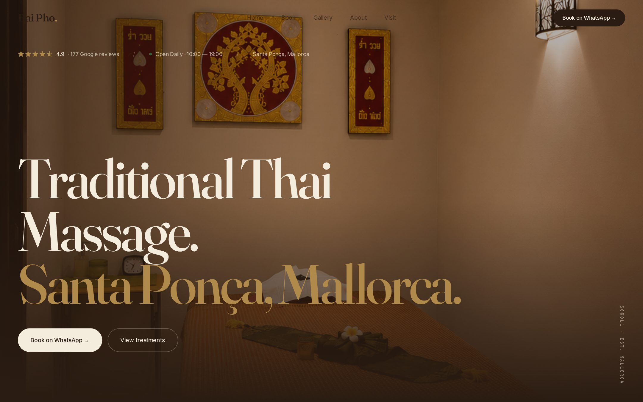 Bai Pho Thai Massage website homepage with editorial serif headline and treatment room photography