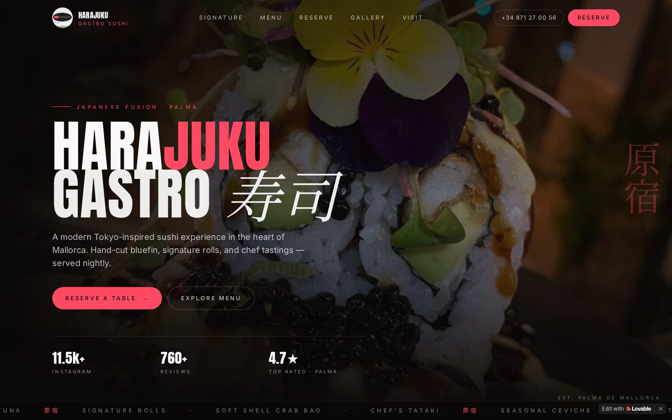 Harajuku Gastro Sushi website homepage with bold typography and Japanese cuisine photography