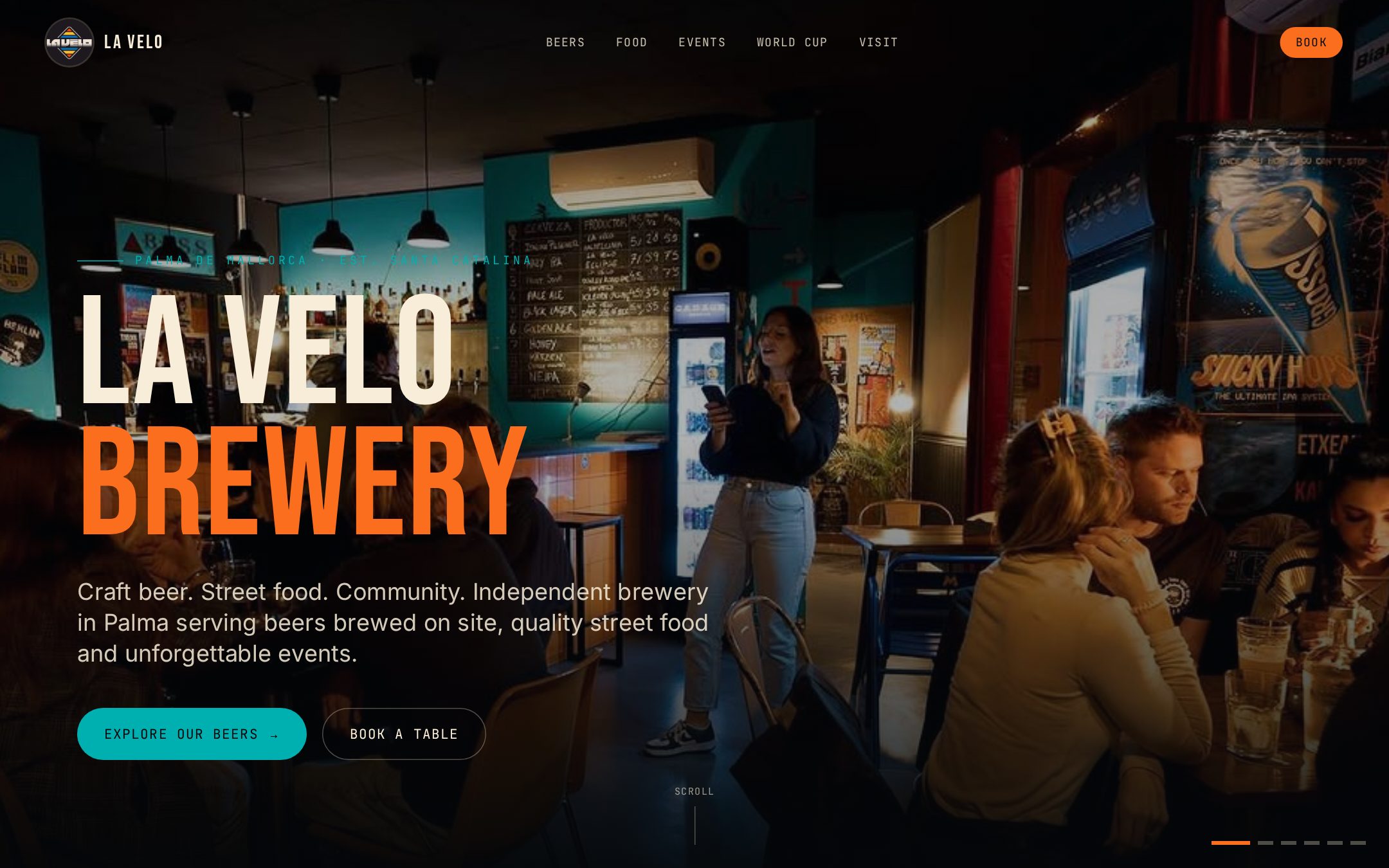 La Velo Brewery website homepage with dark atmospheric bar photography and bold type