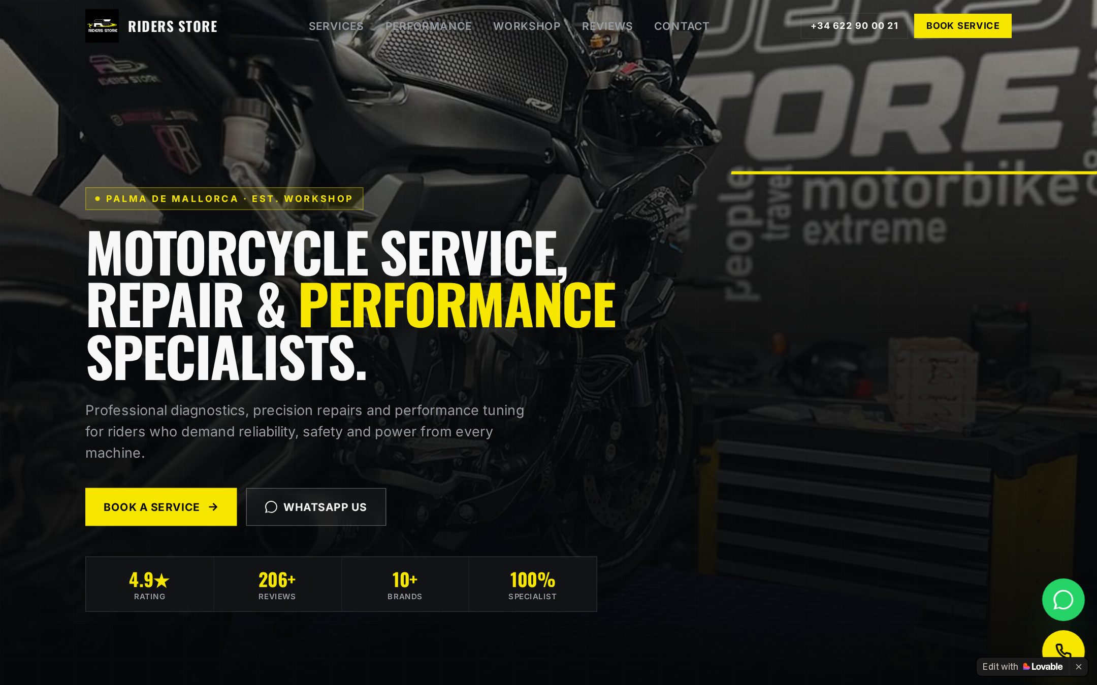 Riders Store Palma website homepage with motorcycle photography and high contrast layout